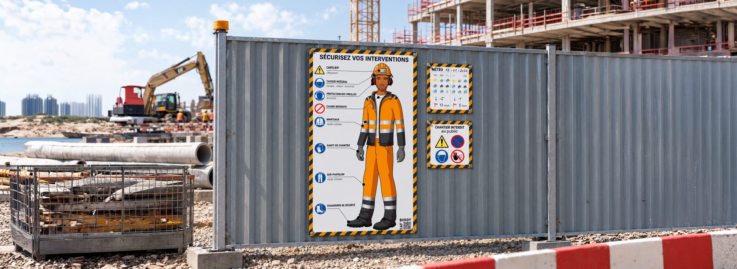 Panneau de sécurité SAF'BUDDY affiché sur une palissade de chantier, avec un Buddy en tenue de BTP